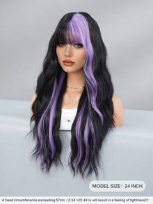 7JHH WIGS Long Wave Black & Purple Highlight Wigs For Women - Loose Fluffy Wavy Curly Wig With Bangs, Full Machine High Density Synthetic Heat Resistant Fiber Hair, Exaggerated Style Anime Halloween Costume Wigs For Cosplay Wear, Masquerade Ball & Music Festival Carnival Party Use 26 Inch - 挑染紫色 - 查看 3