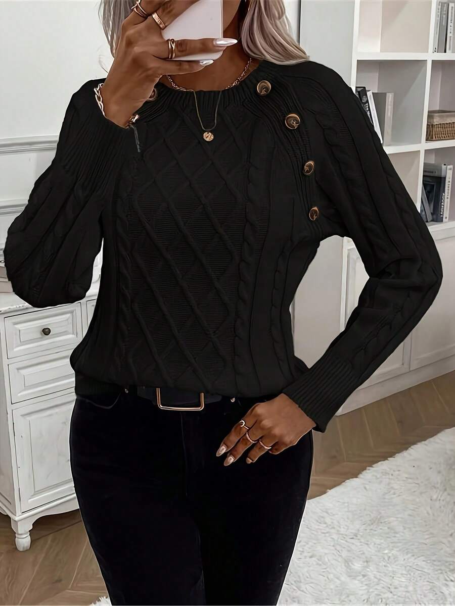 New Women Button Knit Pullover Sweater - Black - View 1