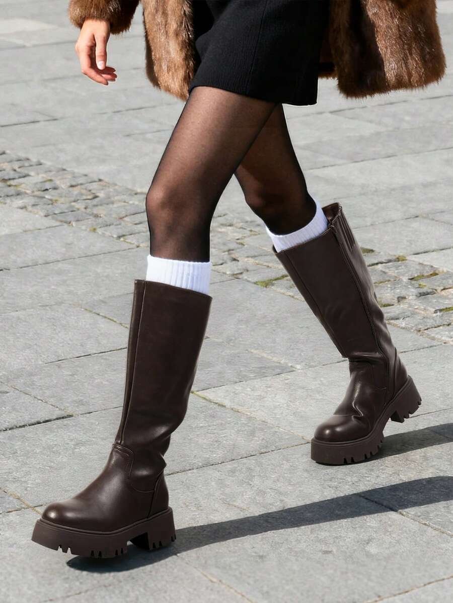 Women's Knee High Boots Platform  Chunky Low Heel Solid Color  Comfortable Fashionable  Festival Boots For Fall And Winter - màu nâu - Xem 1