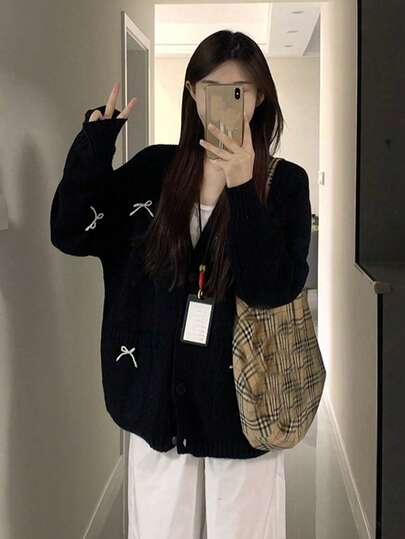 Korean Style V-Neck Bow Knit Cardigan For Women, Loose Relaxed Design, Spring