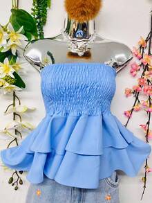 T110Cropped Elastic Blouse With Ruffle - Babyblau - Übersicht 2