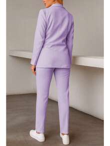 Elegante conjunto de traje liso de manga larga con cuello chal y doble botón para mujer, con bolsillos, para oficina y trabajo. - Púrpura malva - Ver 4