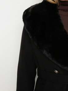 Elegant Double-Breasted Coat With Fur Collar And Belt - Black - View 5