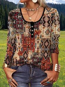 几何印花半扣T恤，休闲春季款 - 棕色 - 查看 4