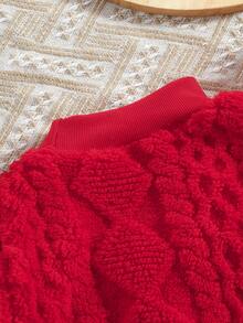 女童毛绒格纹卫衣，圣诞元素，2025新款，可爱圣诞树、驯鹿、圣诞帽装饰，红色立领长袖休闲上衣 - 紅色 - 查看 10