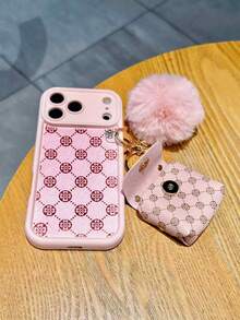 Old Money Style 1pc Matte Finish Phone Case Suitable For Women, Fluffy + Bluetooth Earphone Storage Pouch, Phone Protective Cover With Ring Holder & Keychain Plush Ball, Pink-Black, Compatible With IPhone 17/11/16/15/14/13/12/16 Pro Max, Phones - Pink - View 5