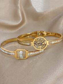 18K Gold Plated Stainless Steel Luxury Elegant Square & Tree Of Life Openwork Bangle Bracelet Set For Women, Mom Gift Christmas Thanksgiving Halloween Wedding Rave/Prom/Party/Daily Accessories Gift For Anniversary Valentine's Day Boho Jewelry Birthday Bridesmaid Gifts