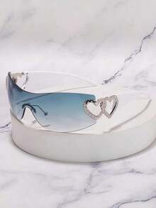 1pc Frameless Metal Heart Decor Y2K Style Fashion Glasses Women, Suitable Beach Party,, Vacation Shades Heart Street Y2k Style Oversized Wrap Frame Music Festival Preppy Style Back To School - 灰藍色薄膜 - 查看 1