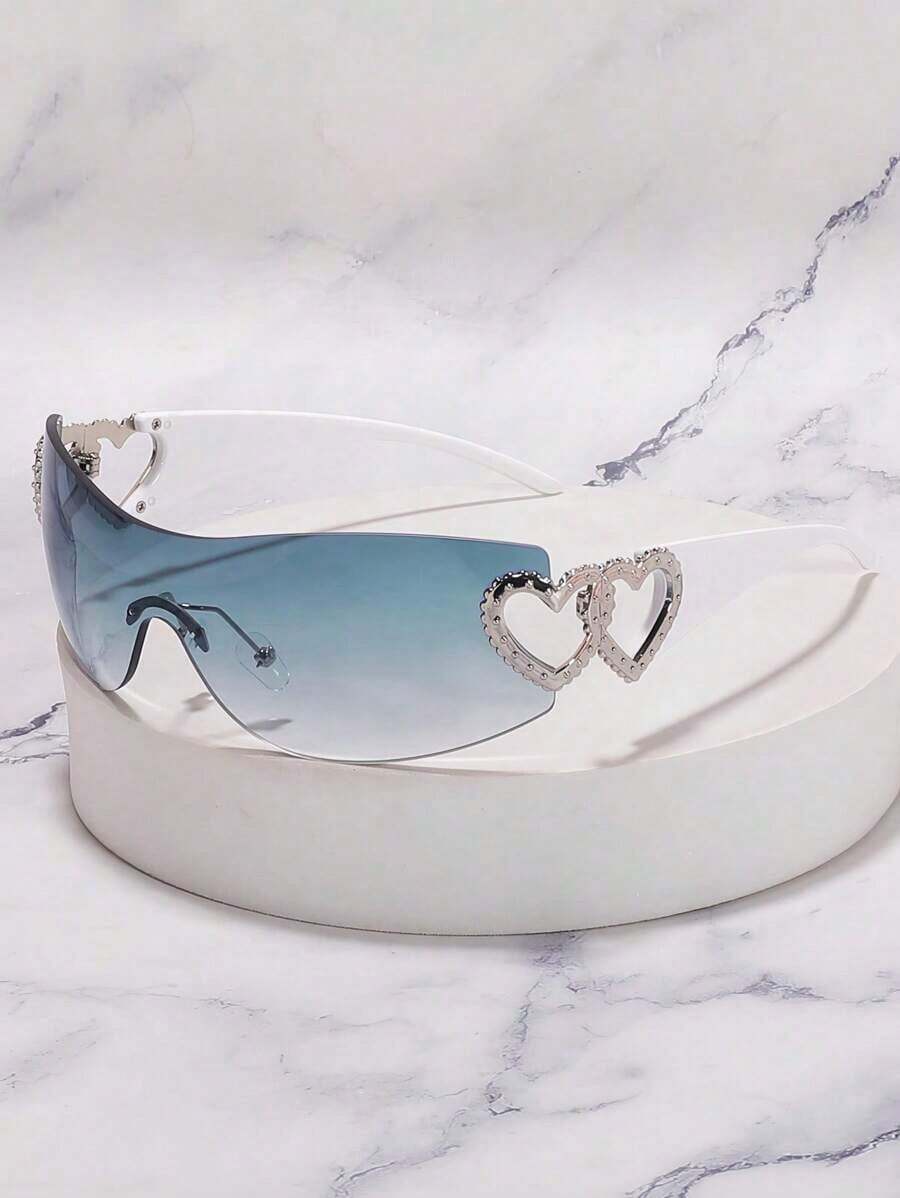1pc Frameless Metal Heart Decor Y2K Style Fashion Glasses Women, Suitable Beach Party,, Vacation Shades Heart Street Y2k Style Oversized Wrap Frame Music Festival Preppy Style Back To School - 灰藍色薄膜 - 查看 1
