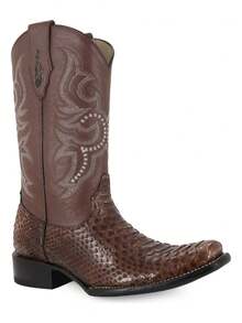 Bota Vaquera Para Caballero Autentico Piton en Cuero Genuino Alta Costura Diseño Cómodo Plantilla Acolchada Suela Antideslizante Resistente Ideal Para Montar y Uso Diario Moda Masculina - Marrón Mocha - Ver 4