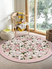 1 Stück rosa runder Wohnzimmerteppich mit gedruckten Blumengruppen, Flaumiges Material mit 10mm Dicke, weich und angenehm anzufühlen, leicht zu pflegen, wasserdicht und fleckabweisend, rutschfeste Rückseite, Teppich geeignet für Lobby, Schlafzimmer, Wohnzimmer, Badezimmer, Küche, Büro, Raumdekoration und Fußmatte, für Feierlichkeiten.
