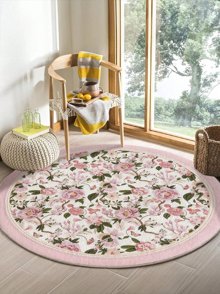 1 Stück rosa runder Wohnzimmerteppich mit gedruckten Blumengruppen, Flaumiges Material mit 10mm Dicke, weich und angenehm anzufühlen, leicht zu pflegen, wasserdicht und fleckabweisend, rutschfeste Rückseite, Teppich geeignet für Lobby, Schlafzimmer, Wohnzimmer, Badezimmer, Küche, Büro, Raumdekoration und Fußmatte, für Feierlichkeiten.