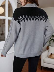 Damen Gerippter Strick-Knopfkardigan mit Zopfstrick-Ärmeln und Rautenmuster, Langarm-Strickpullover, geeignet für den Herbst - Grau - Übersicht 2