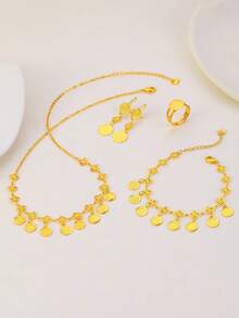 5pcs/Set Copper Gold-Plated 18K Coins Women's Set Round Coin Necklace Bracelet Ring Earrings Jewelry Suitable For Daily Holiday Wear