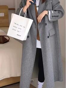 Plus Size Women's Solid Color Fashion Casual Elegant Lapel Double-Breasted Long Sleeve Woolen Coat Jacket, Suitable For Daily Matching, Outings, Gatherings, Business, Office Commute