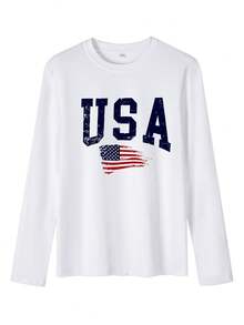 Women's Casual White Long Sleeve USA Flag Graphic Knitted Round Neck T-Shirt - 白色 - 查看 2