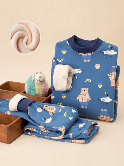 2 Stücke Thermounterwäsche-Set für Tween Jungen, blau karierter Bär Cartoon Allover-Muster, warme fleece-gefütterte Pyjamas für Herbst/Winter
