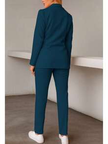 Conjunto elegante de blazer y pantalón de manga larga con cuello chal y doble botonadura para mujer, tejido elástico medio. - Azul Marino - Ver 4