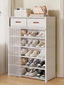 1pc Household Multi-Layer Shoe Rack With Curtains, Shoe Cabinet, Storage, Display Rack, With Drawers, With Curtains Shoes Storage Cabinet, Large Capacity Shoe Cabinet For Indoor And Outdoor Use, Suitable For Doorways, Household, Indoor, Festival Gifts, Christmas Gifts, Children's Gifts