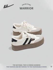 WARRIOR Women's Lace-Up Platform Sneakers, Thick Sole Elevator Shoes, Unique Versatile Lightweight Non-Slip Casual Outdoor Low-Top Shoes - Black and White (velvet) - View 6