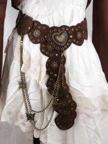 1pc Women's Retro Western Vibe Metal Patchwork Heart Shaped Waist Belt, Y2K Baddie Vintage Niche Aesthetic Leather Belt With Butterfly Chain Decor