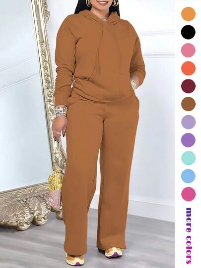 女士休闲两件套，纯色优雅长袖连帽卫衣（带抽绳口袋）搭配直筒抽绳长裤，春季套装