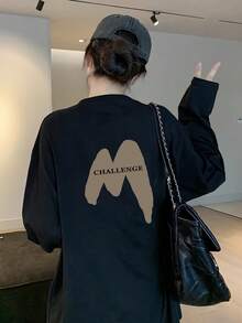 女士宽松棉质字母卡通印花长袖T恤，百搭春秋季