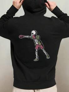 1pc Men'S Vintage Gothic Boxing Skeleton Graphic Hooded Sweatshirt - Oversized Black Streetwear Hoodie With Spooky Boxing Design, Machine Washable, Comfortable Winter Wear For Halloween & Christma,Fall Hoodies,Men's Fall Clothes,Street Wear,Halloween,Mens Hoodies,Y2k Clothes,Jesus Hoodie,Thanksgiving Day,Nightmare Before Christmas,Christmas - 黑色 - 查看 1
