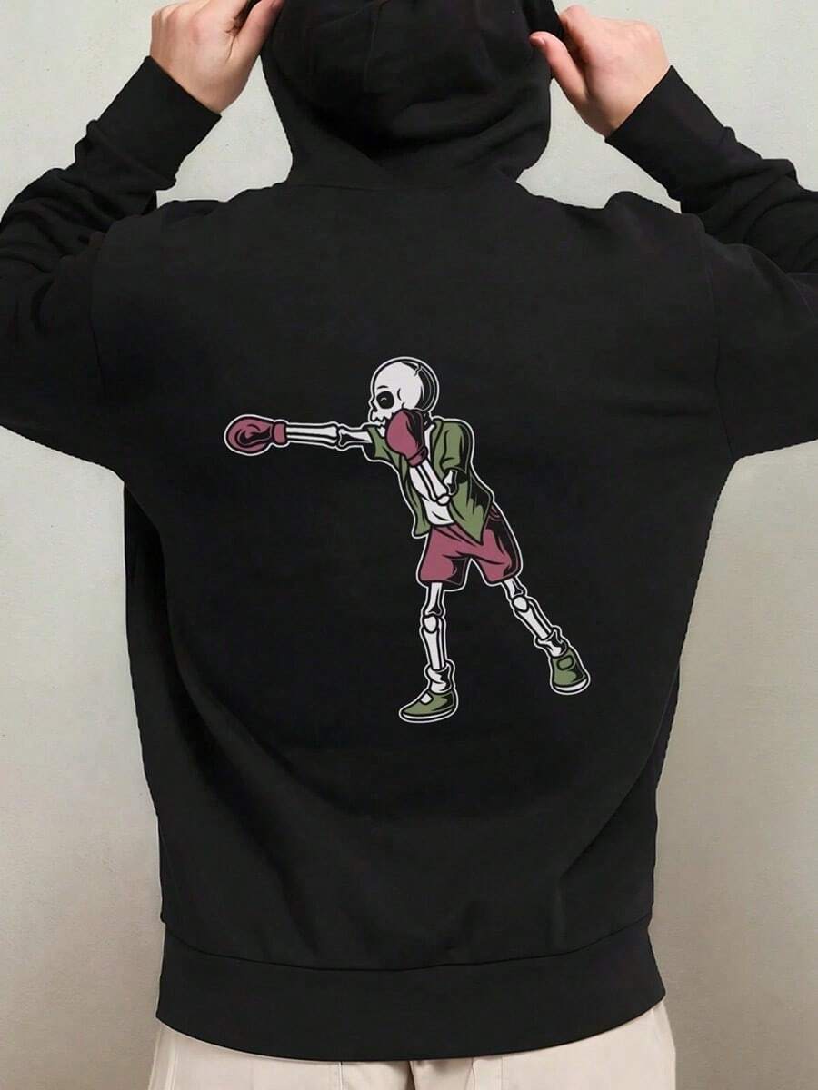 1pc Men'S Vintage Gothic Boxing Skeleton Graphic Hooded Sweatshirt - Oversized Black Streetwear Hoodie With Spooky Boxing Design, Machine Washable, Comfortable Winter Wear For Halloween & Christma,Fall Hoodies,Men's Fall Clothes,Street Wear,Halloween,Mens Hoodies,Y2k Clothes,Jesus Hoodie,Thanksgiving Day,Nightmare Before Christmas,Christmas - 黑色 - 查看 1