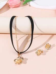 1pc Elegant Rhinestone Snowflower Pendant Necklace & 1 Pair Snowflower Earrings, Suitable For Women, Beer Festival, Daily, Holiday Outfits