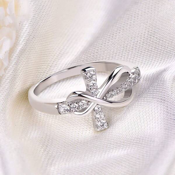 1pc 925 Sterling Silver Ring With Synthetic Cubic Zirconia, Cross Infinity 8 Design, Best Gift For Women