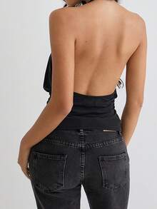 Women Y2k Halter Tops  Summer Deep V Neck Open Back Crop Tank Tops Solid Ruched Slim Fit Backless Shirt Sleeveless Vest Going Out Tops Vintage Aesthetic Clothes Club Streetwear - màu đen - Xem 2