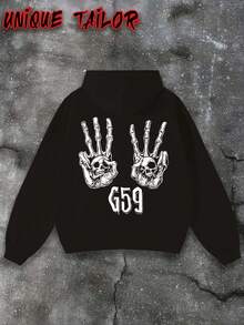 Unique Tailor - Men's Thick Velvet Hoodie With "G59" Skeleton Hand Gesture Pattern, Geometric Abstract Print, Front Pocket - Soft And Warm Hoodie, Loose Sports And Leisure Winter Jacket, Machine Washable Long Sleeve Hoodie Suitable For Daily Wear - 黑色 - 查看 3