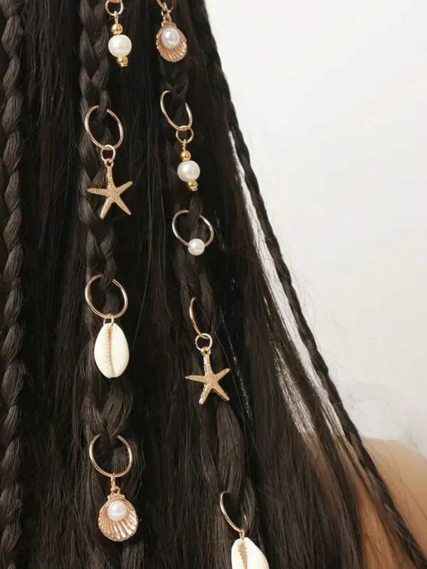 10-Piece Dreadlock Hairband Set. Beach Vacation Style. Starfish And Shell Faux Pearl Fashion Hair Accessory., Claw Clips, Hair Slide, Hair Barrettes