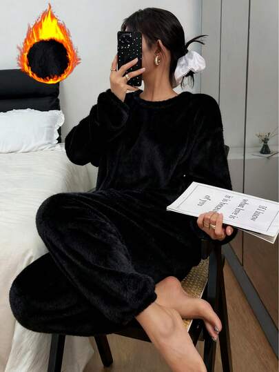 2pcs Simple Fleece Pajama Set, Autumn/Winter Warm Solid Color Round Neck Top And Elastic Waist Pants, Women Sleepwear