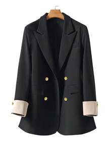 Women's Double-Breasted Design Contrast Color Cuff Button Closure Long Sleeve Blazer Jacket
