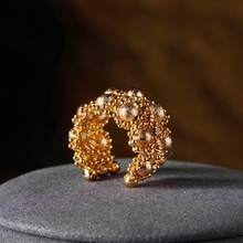 Set de 2 piezas de pulsera y anillo de cadena de cuentas tejida a mano con múltiples filas, cuentas de cobre, elástico, versátil, regalo para mujer