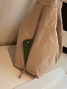 Lightweight Large Capacity Nylon Shoulder Bag. Two Side Pockets For Easy Storage. Minimalist Style, Suitable For Daily Use In Summer, Can Be Used As A Commuter Bag Or For Casual Travel. - Khaki - View 3
