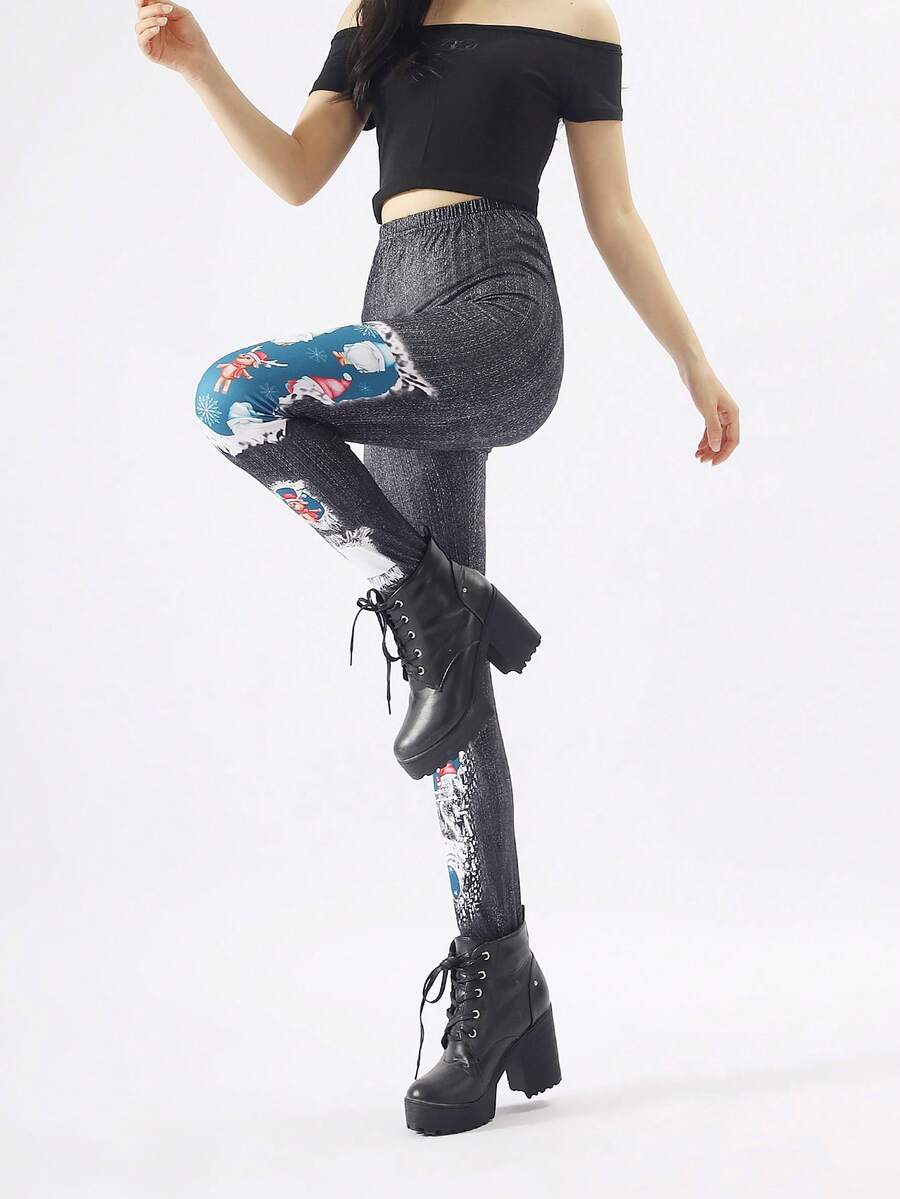 1 Pair Black Denim Santa Claus Print Christmas Series Leggings, Minimalist Skinny Pants, Autumn/Winter