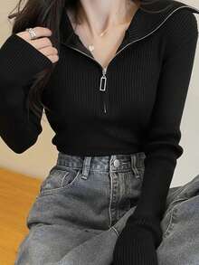 女式修身百搭拉链半领长袖针织毛衣上衣 - 黑色 - 查看 9