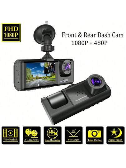 1pc,Dash Cam Front Inside,2 Channels Dash Camera Cars, 1080P FHD DVR Car Dashboard Loop Recording,2 Inch Display,Not Included SD Card Battery Capacity 150mAh
