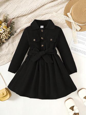 女童纯色单排扣半开衫领衬衫裙，适合春夏秋冬的时尚礼服