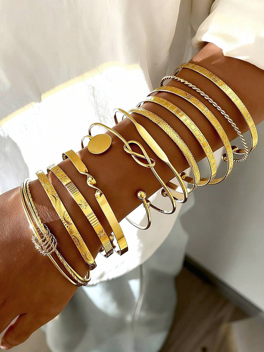 12pcs Vintage Exaggerated Luxurious Geometric Striped Twist Open Design Women's Wide Metal Gold Bangle Bracelet Set, Suitable For Daily Wear, Gift, Stackable