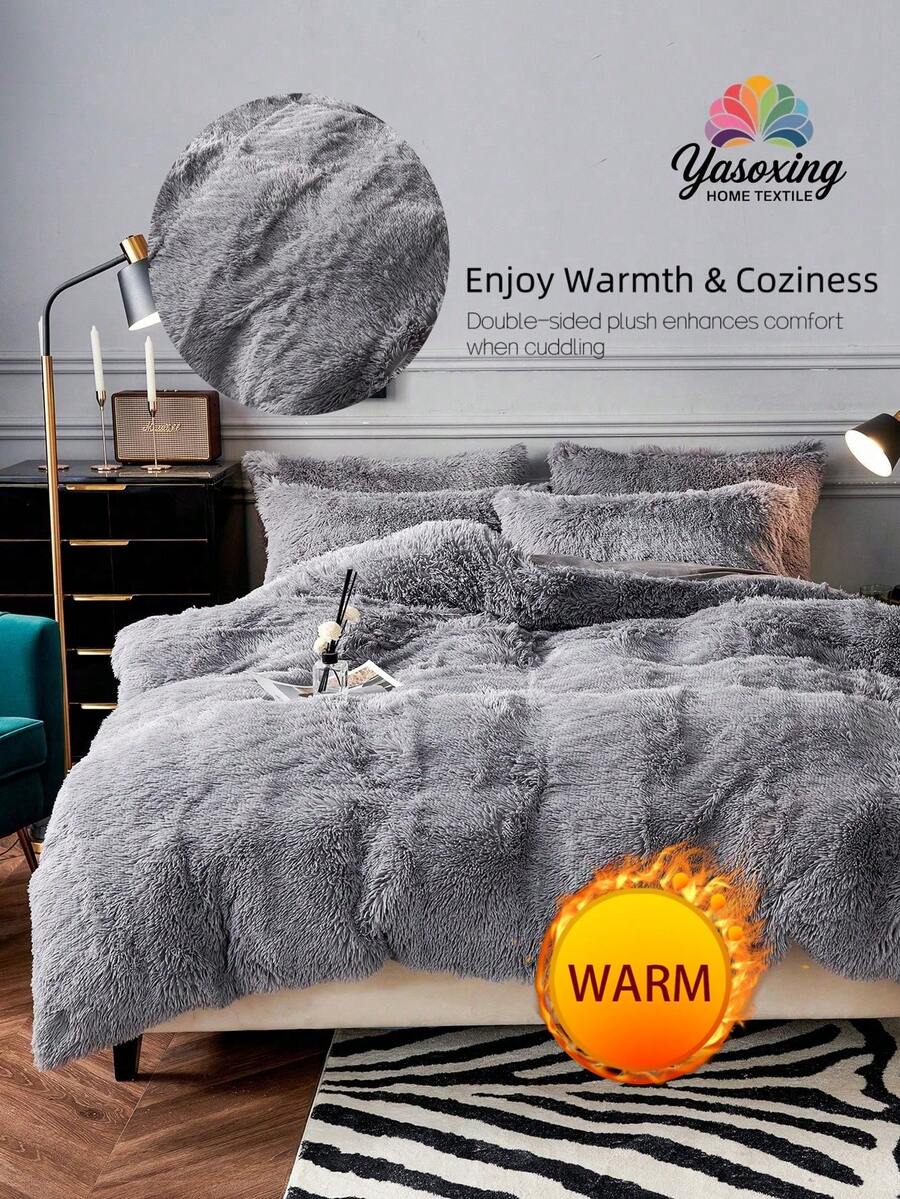 2/3件套灰色毛绒绒被套套装，蓬松人造毛皮被套配枕套（1件人造毛皮被套+1/2个枕套），适用于卧室、客房，尺寸可选：特大号、大号、标准双人床、单人床，水晶绒波西米亚风床上用品，包含1个被套和1/2个枕套，打造时尚家居风格。 - 灰色 - 查看 1
