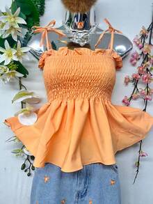 T109Crop Top With Straps And Ruffles - Coral Orange - View 2
