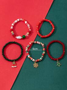 5pcs/Set Christmas Glass Bead, Crystal & Pearl Combination Beaded Elastic Bracelet, Fashion Christmas Gift For Women