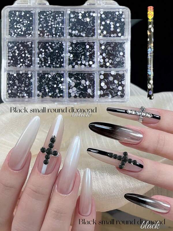 KIRAME 12-Slot Super Bright K9 Round Black Rhinestones Set, DIY Nail Art ,Nails Salon ,Nail Suppliers, Halloween,Christmas,New Year, Festival Gifts Holiday Gift