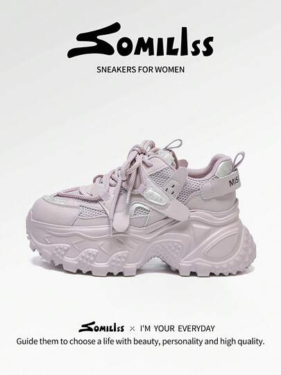 somiliss 7cm Platform Lace-Up Soft Bottom Casual Sneakers For Women, Faux Leather & Fabric, Comfortable, Fashion, Versatile, Suitable For Daily Commute, All Season, Purple