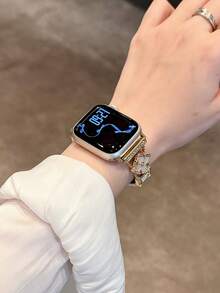 1条兼容苹果手表的表带，新款高级女士闪亮金色星星水钻镶嵌金属白色皮革表带，兼容苹果手表38/40/41/42/44/45/46/49毫米，兼容苹果手表Ultra/SE/11/10/9/8/7/6/5/4/3/2/1，时尚智能手表配件，金色表带