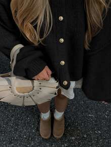 Senya Fall And Winter New Women's Round Neck Lantern Sleeve Front Button Black Knitted Cardigan, Loose Casual, Lazy, Daily Commuting, Afternoon Tea, Back To School, Graduation, Sweater Tops, Valentine's Day Women's Winter Sweaters, New Year - Black - View 2